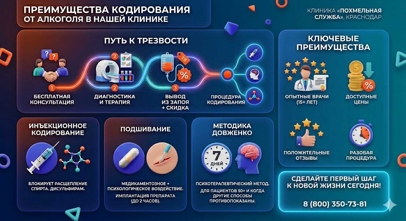 Инфографика о методах кодирования от алкоголя в Саракташе: инъекции, подшивание, метод Довженко. Преимущества клиники и этапы лечения.